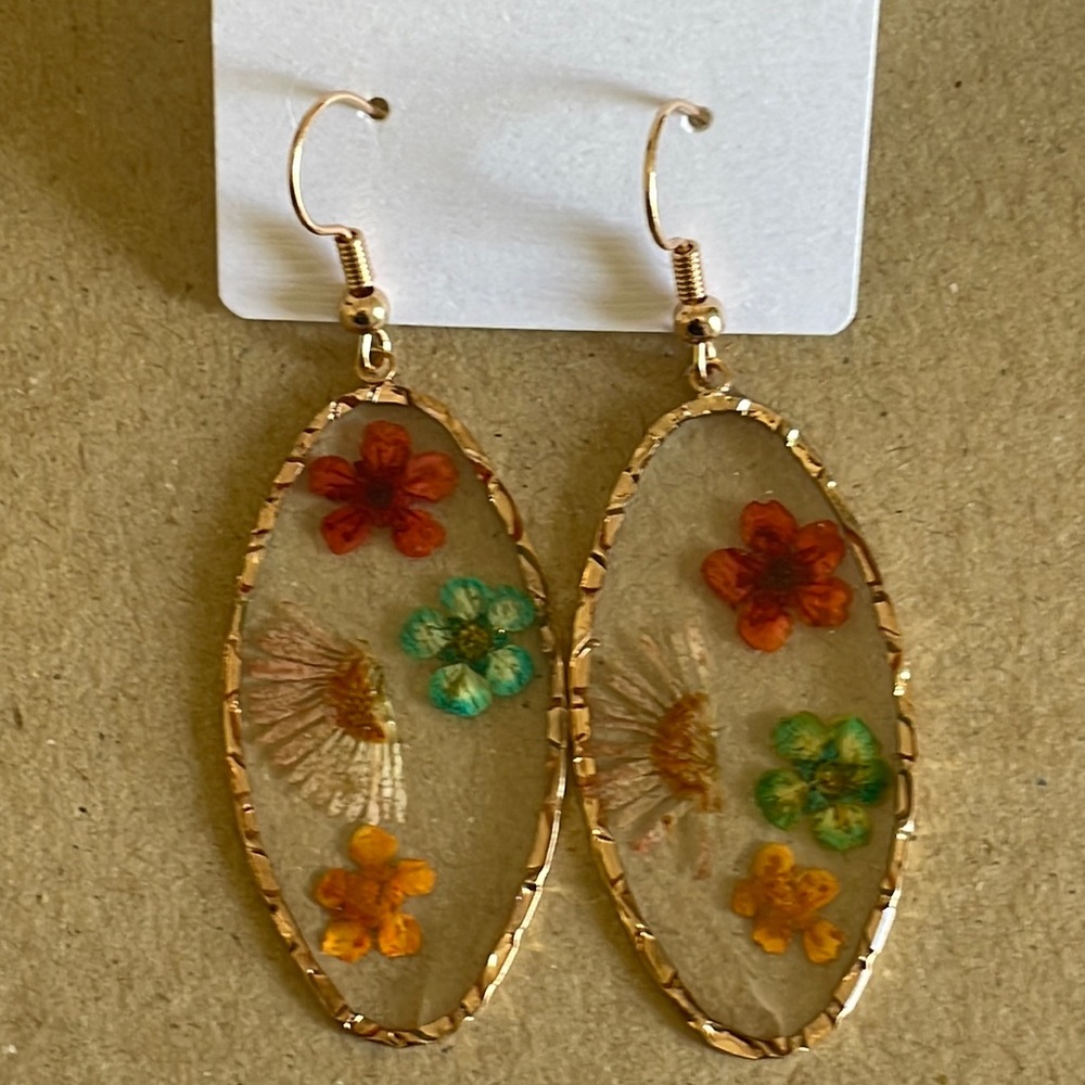 🎉❤️Ann Elise Clear Gold Red Multicolor Pressed Flowers Teardrop Earrings